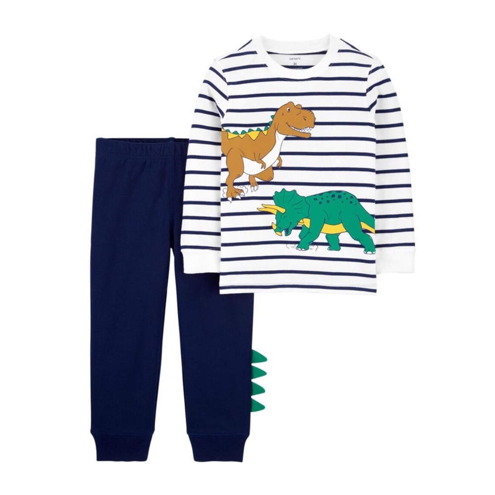 Carters White & Navy 2-Piece Striped Dinosaur Tee & Jogger Pant Set Baby Size 3M